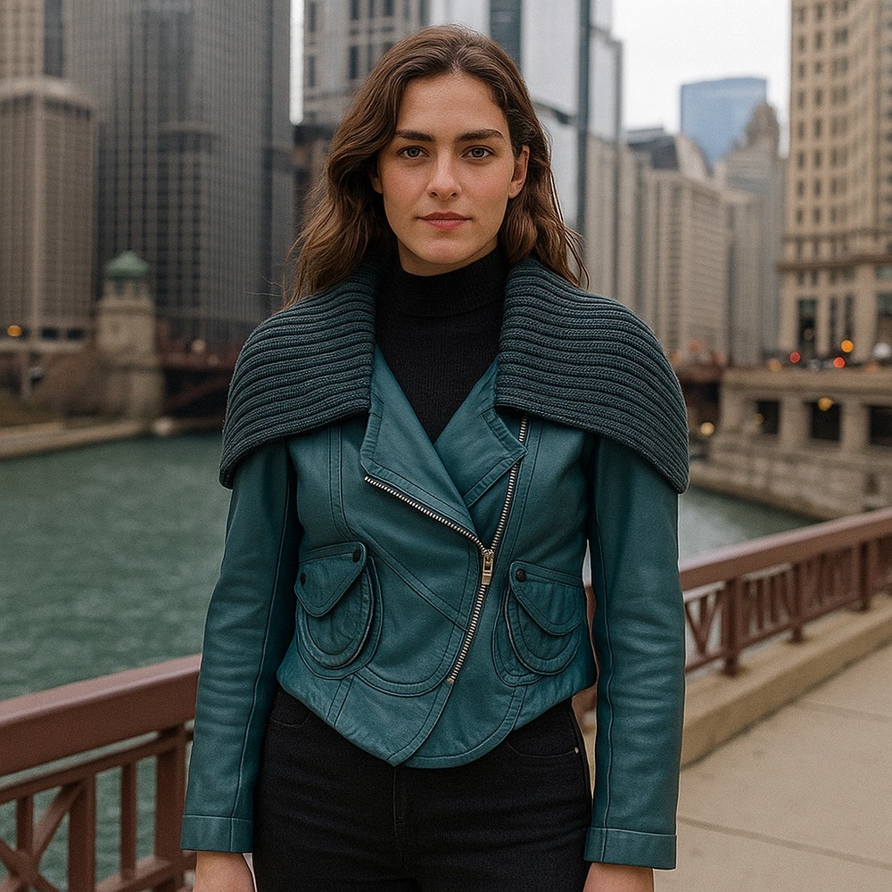 Vintage Stylish Teal Lamb Leather Jacket with Knit Collar